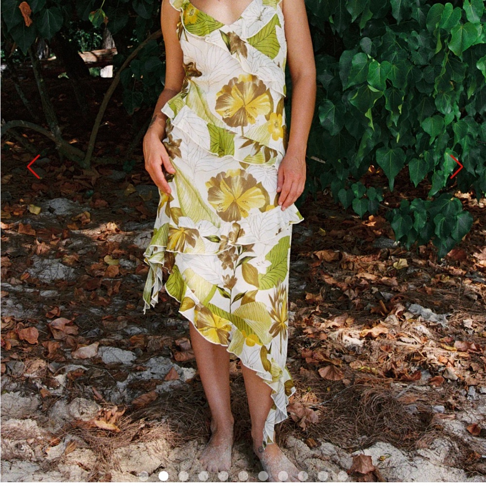 Lisa Says Gah Olive Green & Cream Floral Asymmetrical Slip Dress